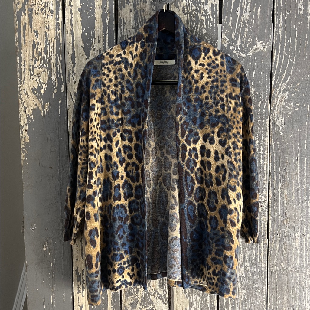 Neiman Marcus Blue And Brown Animal Print Cardigan Size L